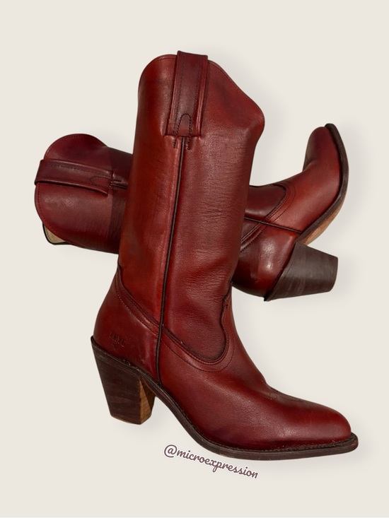 Frye Shoes - 1970s VINTAGE Frye Leather Pull On Oxblood Red Burgundy Cottagecore Cowboy Boot